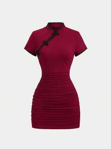 Sweetra 优雅新款中式腰带扣设计修身褶皱短款派对连衣裙，百搭夏季通勤性感女士连衣裙 - 酒紅色 - 查看 1