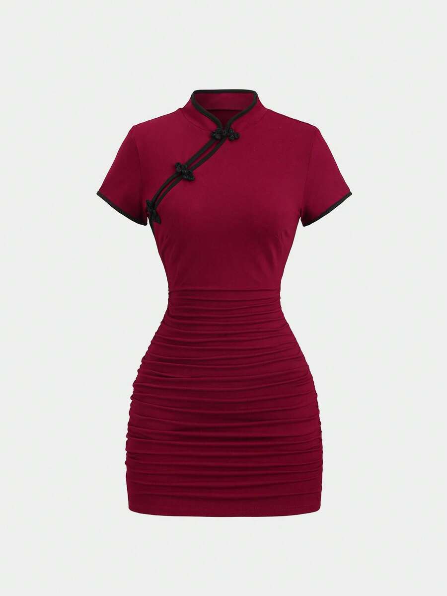 Sweetra 优雅新款中式腰带扣设计修身褶皱短款派对连衣裙，百搭夏季通勤性感女士连衣裙 - 酒紅色 - 查看 1