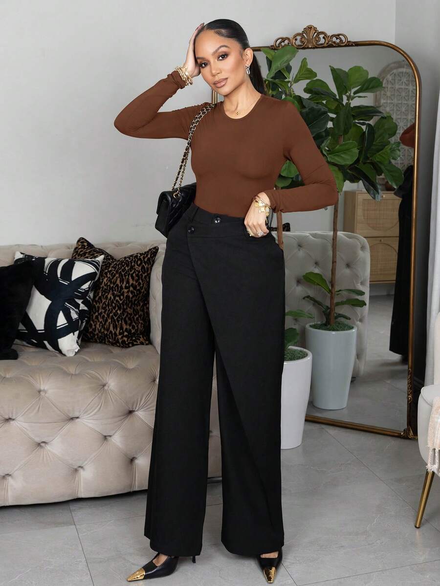Melissa Matos Solid Slim Fit Spring Women Bodysuit ,Petite Women - Brown - View 1