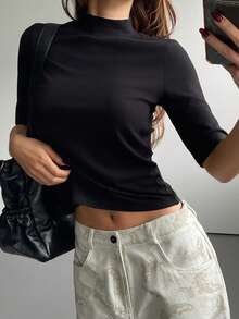 Women's Mock Neck Fitted 3/4 Sleeve T-Shirt - Black - View 5