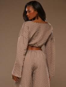 MUSERA Striped Linen Plunge Tie Front Cropped Long Sleeve Top Spring Summer Vacation Beach Elegant Ibiza Festival Holiday Tajine - Coffee Brown - View 4
