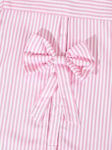 SHEIN 2 pezzi/set Camicia a maniche lunghe con colletto irregolare e decorazione fiocco sul retro, e pantaloni a righe, stile casual universitario, adatto per tutte le stagioni, per ragazze giovani - Rosa - Visualizzare 9
