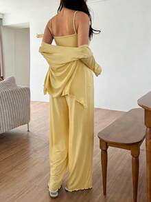 DAZY 3件套纯色针织扭结设计吊带开衫和裤子家居服套装，女士 - 黃色 - 查看 2