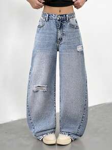SHEIN ChillGRL Quần jeans nữ tuổi teen, phong cách sinh viên Y2K, dáng rộng thoải mái, ống rộng rách nhẹ, chất liệu cotton pha mềm mại, phù hợp mặc hàng ngày, đi học, dự tiệc, mùa tựu trường, hàng mới về. - Rửa trung bình - Xem 5