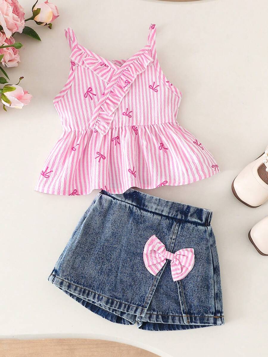 SHEIN 2件套女婴夏季休闲条纹蝴蝶结印花吊带背心和牛仔短裙套装 - 粉色 - 查看 1