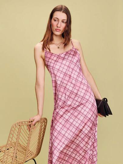 lacRébo Satin Bias-Cut Checked Maxi Dress With Double Straps Summer Look Spring Summer French Style Parisian Style Evening Dress Vacation Dress Pink Check Dress Holiday Dress