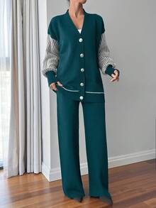 EURMUSE Dropped Shoulder Long Sleeve Loose Casual Front Button Striped Cardigan And Pants Set - Dark Green - View 4