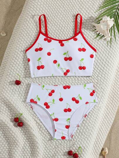 SHEIN Canottiera a fiori cava con stampa a ciliegie, adatta per spiaggia, piscina, feste, costume da bagno a ciliegie per ragazze adolescenti, costume da bagno a ciliegie, costume da bagno con stampa a ciliegie per ragazze, costume da bagno a ciliegie per ragazze, costume da bagno a vita alta per ragazze adolescenti
