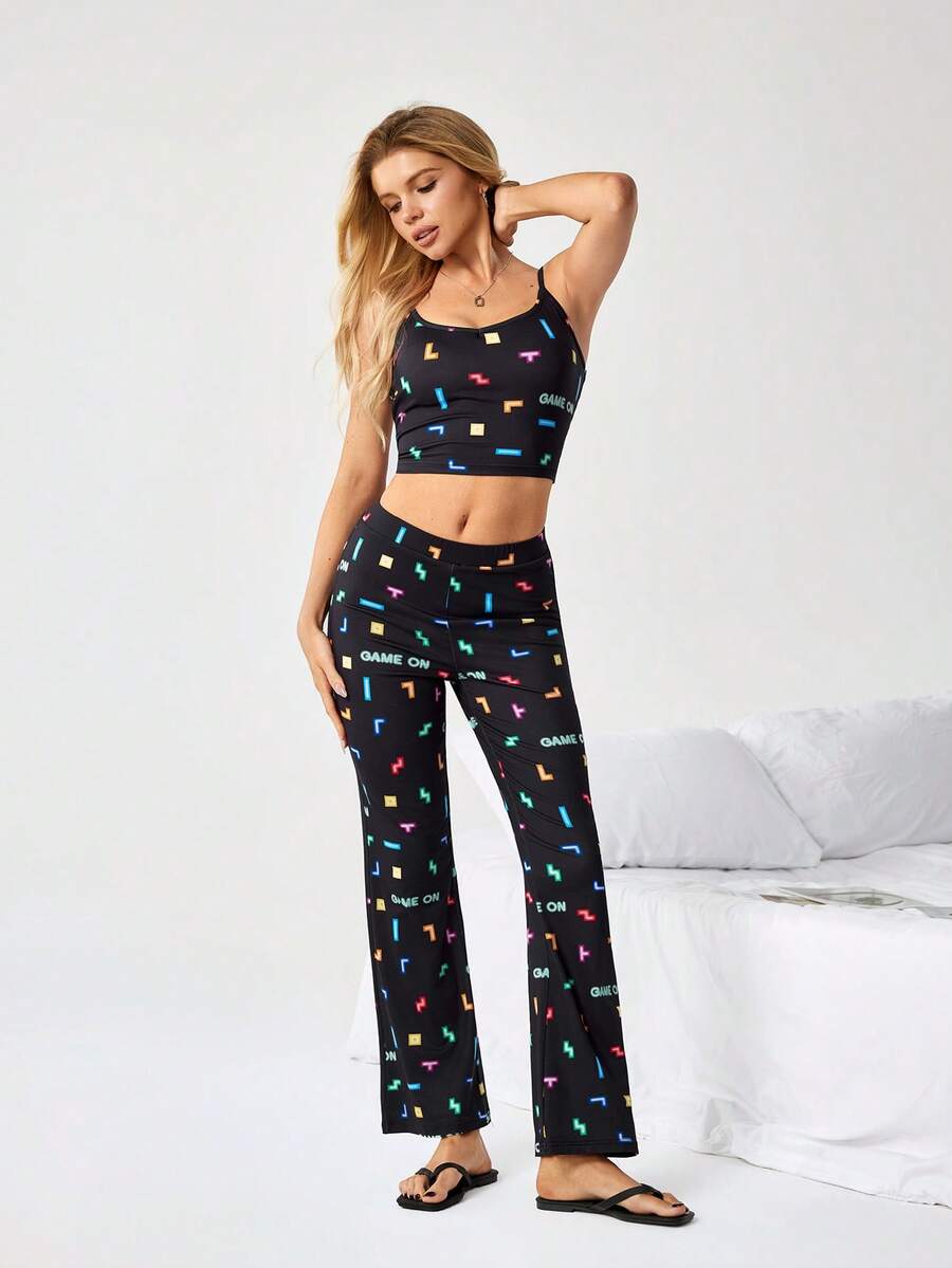 Tetris™ X SHEIN Women's Geometric Print Camisole & Pants Pajama Set - Black - View 1