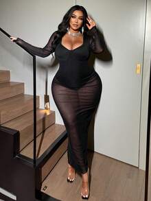 NU&NOW Plus Size Women Mesh Sexy Date Party Dress - Black - View 5