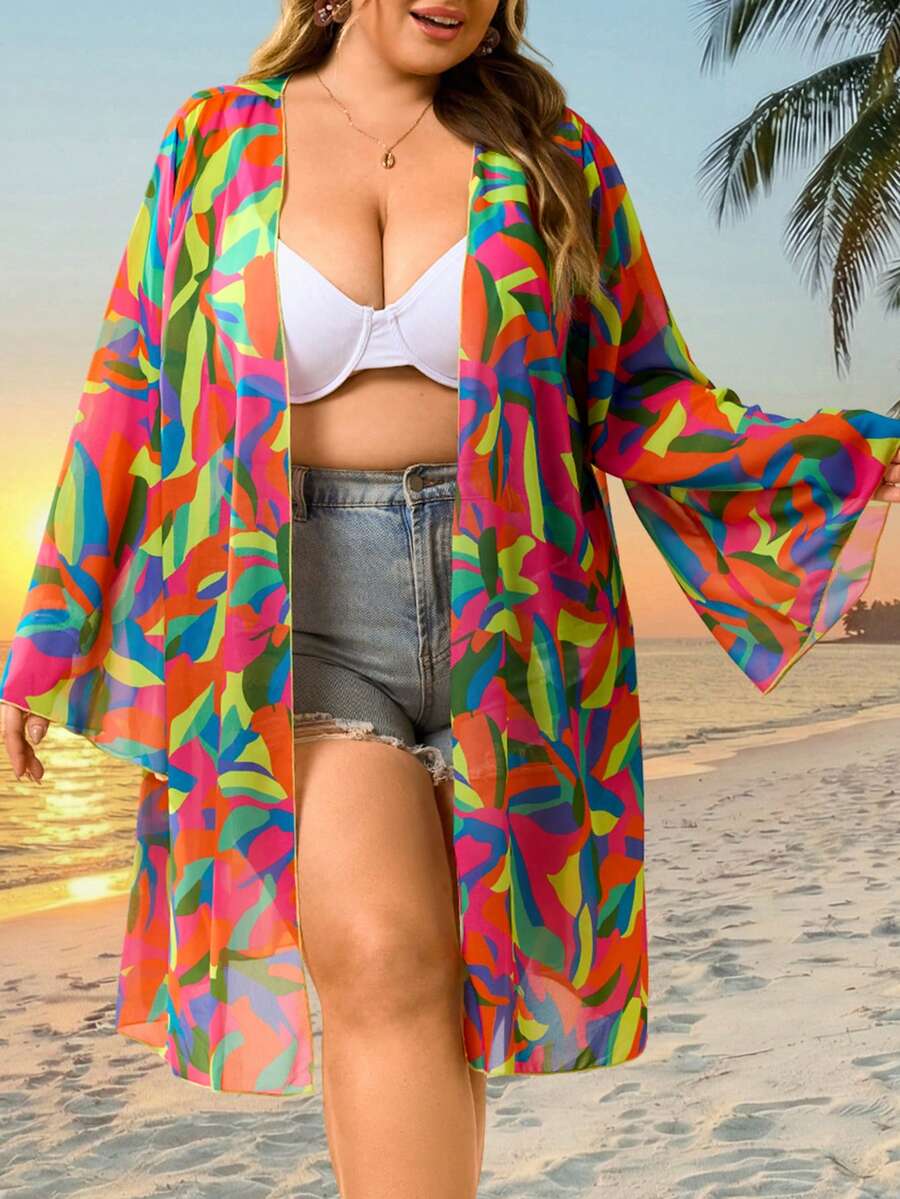 SHEIN CURVE+ Plus Size Women's Beach Cover-Up, Geometric Print Design, Casual Beach, Suitable For Summer Vacation Plus Size Bathing Suits Women - Multicolor - View 1