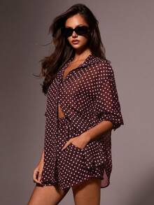 Athîral 女士休闲波点印花衬衫短裤两件套，夏季 - 棕色 - 查看 3