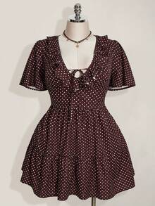 SHEIN ICON 大码女装春夏复古性感优雅通勤休闲日常V领荷叶边波点棕色宽松连衣裙复古波点连衣裙 - 棕色 - 查看 4