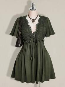 SHEIN ICON 大码女式绿色蕾丝拼接连衣裙 - 綠色 - 查看 6