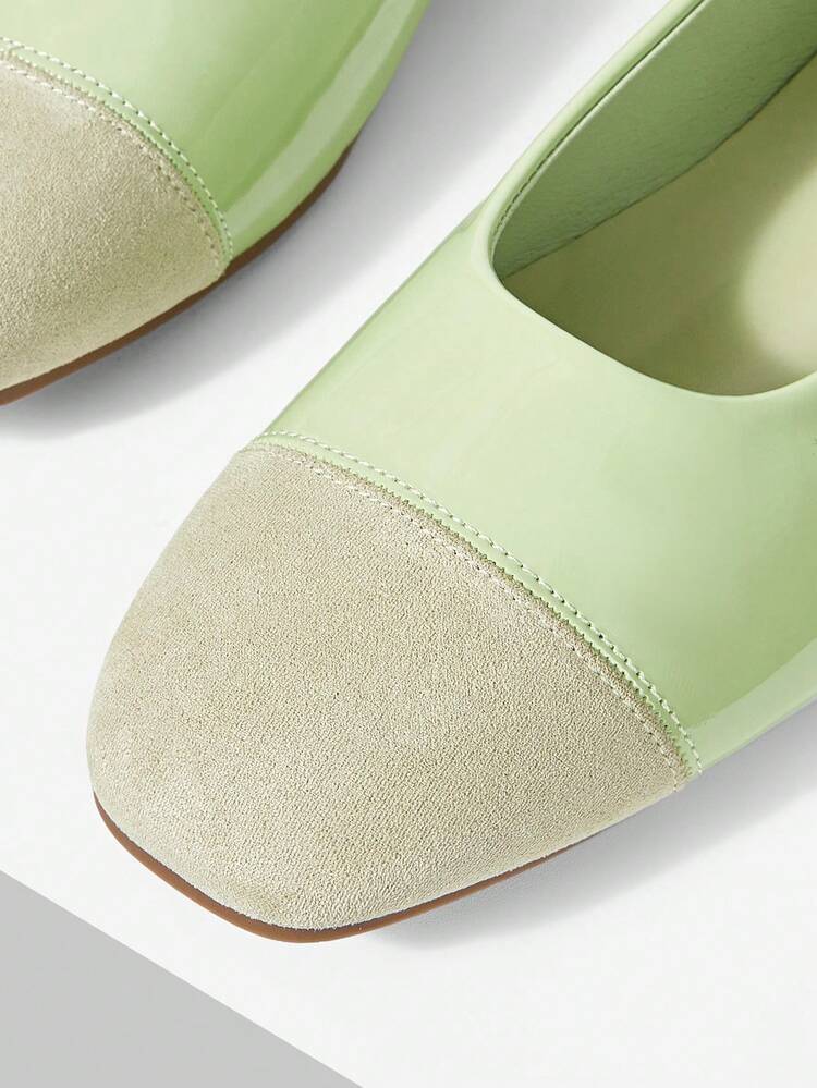 WOMEN SHOES RETRO NEW FASHIONABLE GREEN PU LEATHER COLOR MATCHING SQUARE TOE FLAT SOLE SHOES, SIMPLE CASUAL AND LIGHT, LOW VAMP AND SLIP-ON, COMFORTABLE AND ELEGANT HIGH-END BALLET SHOES SPRING SHOES