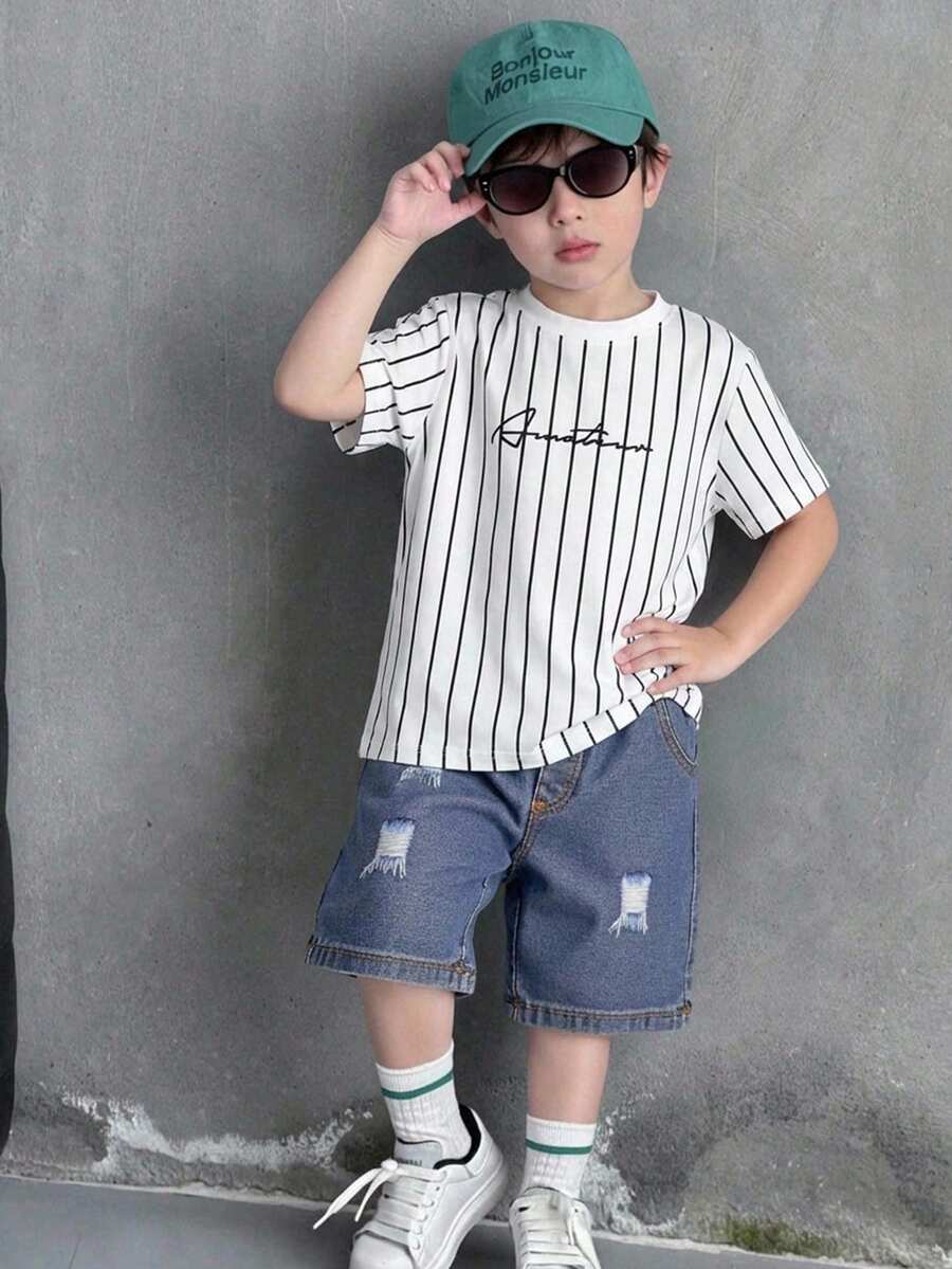 SHEIN 两件套儿童男童休闲百搭舒适印花圆领宽松短袖T恤和牛仔宽松短裤套装 - 彩色 - 查看 1