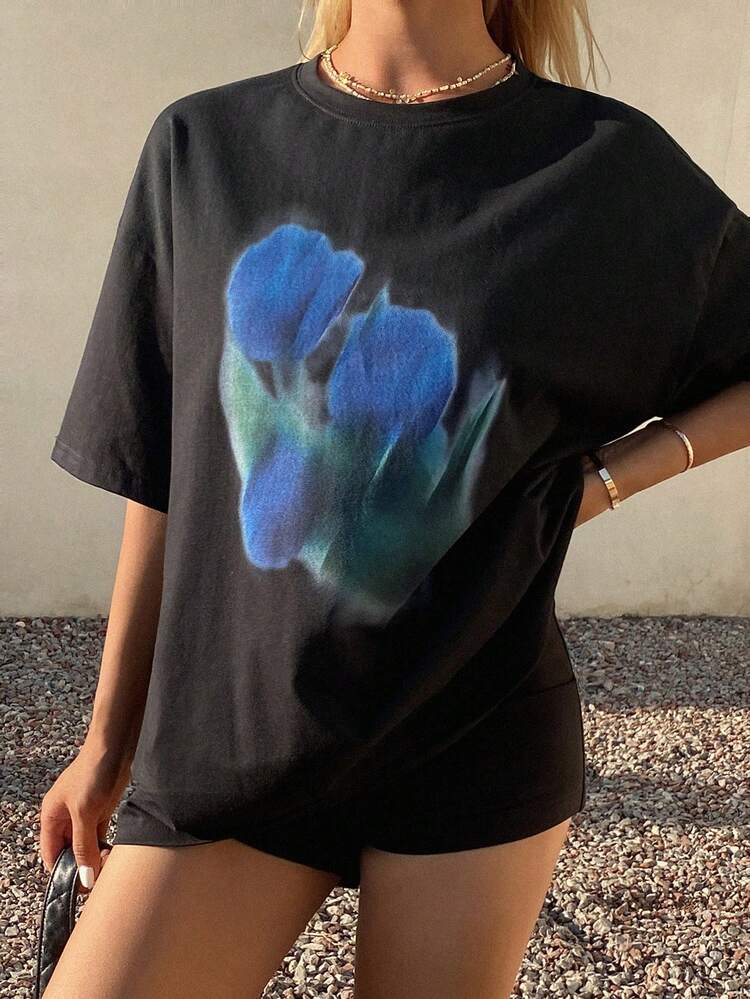 Graphic Print Loose Round Neck Short Sleeve Casual Street Style Summer Top T-Shirt For Women Oversized