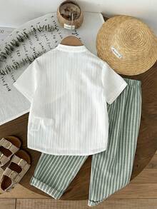 LMoss Kids 2pcs Young Boy Woven Solid Color Casual Shirt And Striped Pants Set Boy Dress Clothes Outfit Button Down Shirt Pants Set 2 Piece Boys Short Sleeve 2 Piece Casual Stripe Pants Set For Kids Boy Shirt Set,Kids - Mint Green - View 2