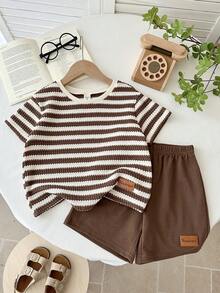 LMoss Kids 2pcs/Set Young Boy Striped Knit Crew Neck Casual T-Shirt And Shorts Set - Multicolor - View 1