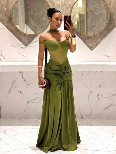 Slaydiva Vestido elegante y sexy con tirantes finos, parches de malla transparente, abertura alta en la falda y lazo en el cuello, en colores verde hada, verde brillante del bosque y verde mostaza, para fiestas, cumpleaños, bodas, Halloween y Navidad