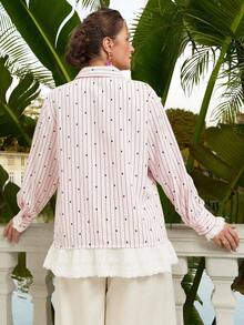 VOLUPTÉ CURVE Plus Size Summer White Eyelet Embroidery Cotton Collar Long-Sleeve Ruffle Loose Blouse For Party, Beach, Graduation, Festival, Going Out, Birthday - Pink - View 3