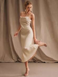 Anewsta Elegant Dress, Vacation Outfit Dress, Women's Spaghetti Strap Draped Neck Champagne Color Dress - Apricot - View 1