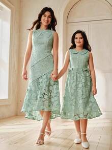 Anewsta Spring/Summer New Arrival Peter Pan Collar Princess Dress, Lace Overlay Big Girls Dress - Mint Green - View 6