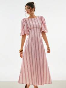 Poéselle 女款粉色條紋花瓣袖露背綁帶優雅浪漫洋裝，適合夏季度假、鄉村風休閒穿搭、週末穿著 - 粉色 - 查看 4