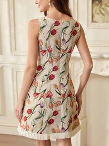 Vintamour 复古经典优雅女士连衣裙，春夏修身提花连衣裙，褶裥下摆，杏色提花短裙 - 杏色 - 查看 2