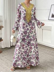 Al Najma Vestido estilo árabe modesto con estampado floral y mangas acampanadas - Multicolor - Ver 7