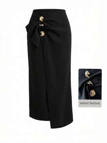 Modelyn 女士黑色针织半身裙，金属扣设计，休闲优雅，春夏款 - 黑色 - 查看 1