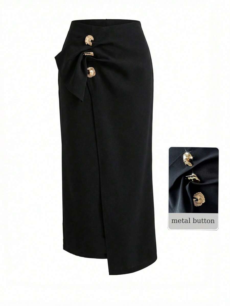 Modelyn 女士黑色针织半身裙，金属扣设计，休闲优雅，春夏款 - 黑色 - 查看 1