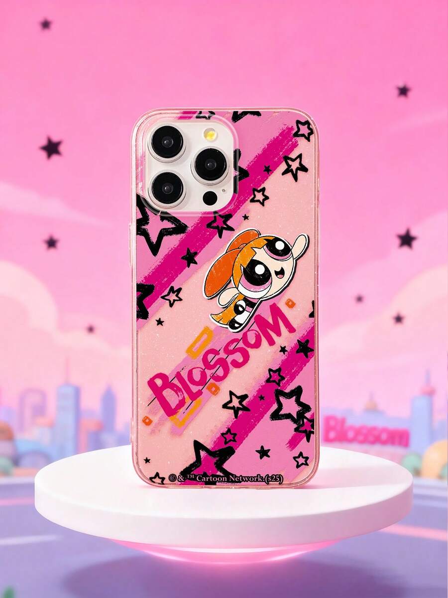 THE POWERPUFF GIRLS X SHEIN 飞天小女警花花手机壳,闪亮软TPU保护套,粉色涂鸦星星印花,可爱卡通人物设计,防震保护套,日常使用及生日礼物,适合女孩和卡通迷,兼容iPhone,兼容iPhone 11/12/13/14/15/16/17 Pro Max,手机配件,快速发货 - 粉色 - 查看 1