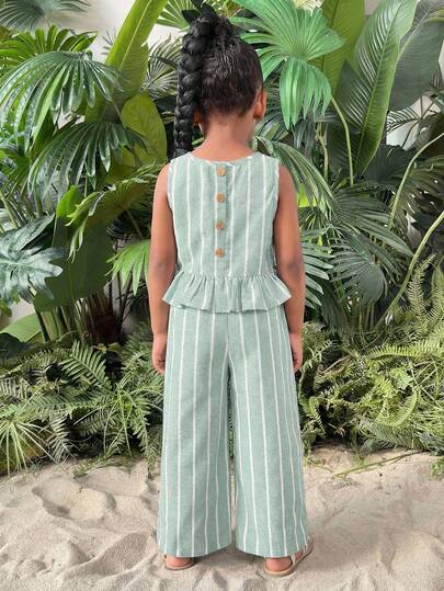Ung flicka semester casual randig halterneck ärmlös topp och raka byxor set