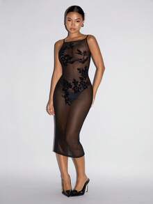SHEIN ICON 2026 New Arrive Women's Black Elegant Sexy Sheer Floral Flocked Mesh Slip Midi Dress See Through Dress Mesh Dress Black Sheer Dress Transparent Dress,Festival Outfits For Women Black Dresses Sheer Dresses Mesh Dresses - Black - View 4