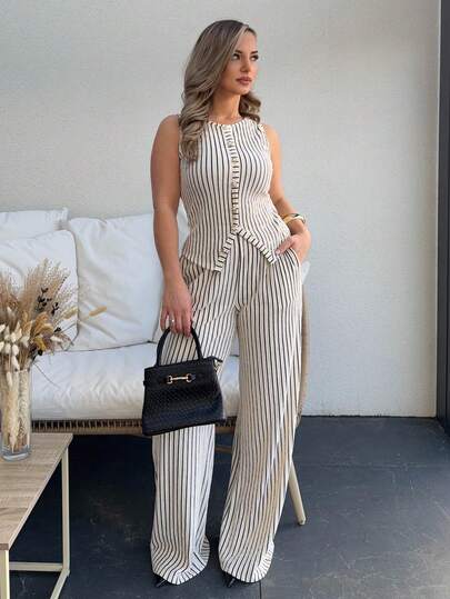 Jeta Ari Elenzga 女士时尚纯色纹理两件套，包括无袖圆领纽扣修身背心和高腰宽松直筒裤，优雅通勤风格