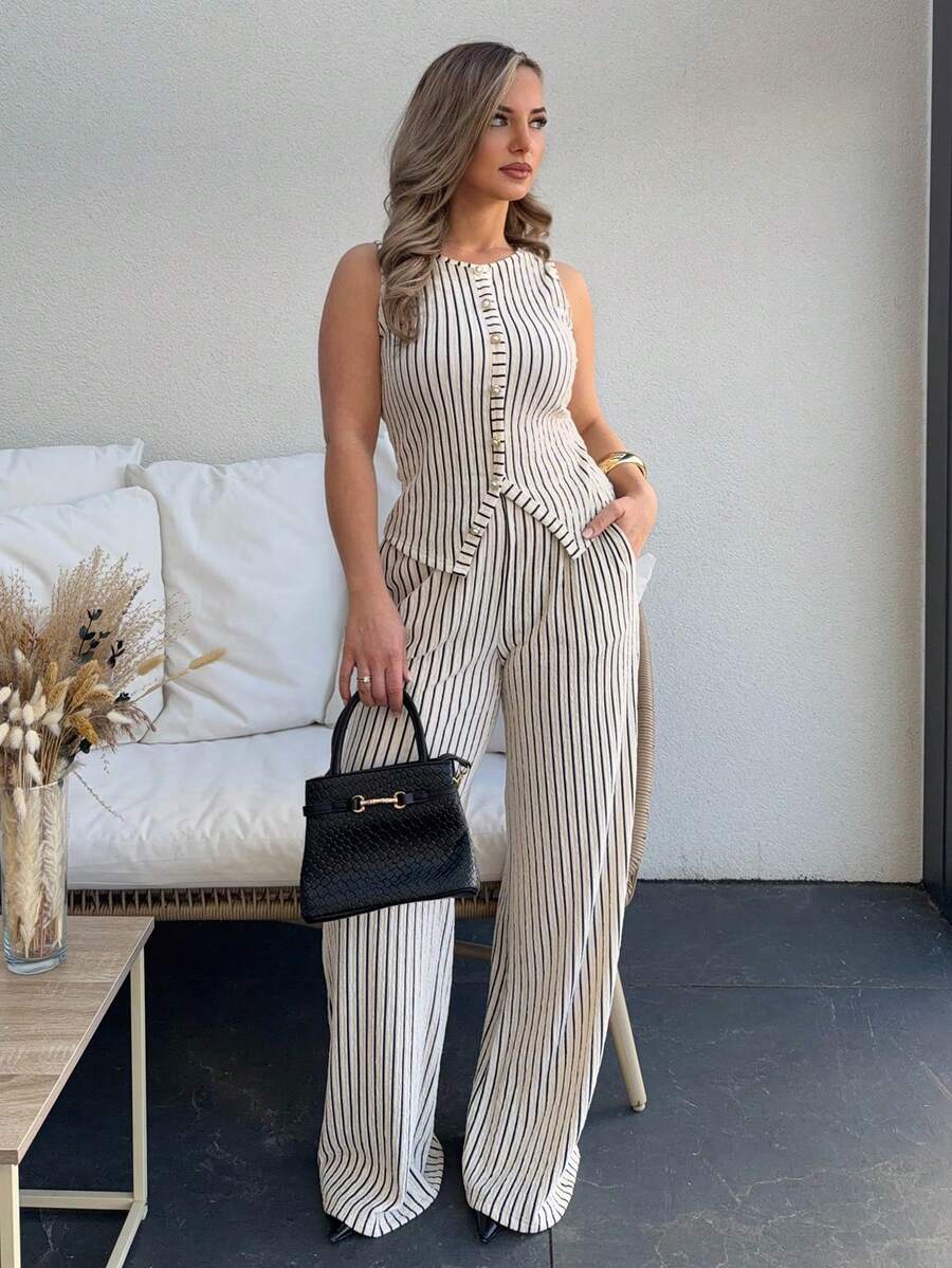 Jeta Ari Elenzga 女士时尚纯色纹理两件套，包括无袖圆领纽扣修身背心和高腰宽松直筒裤，优雅通勤风格 - 杏色 - 查看 1