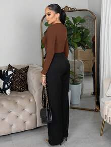 Melissa Matos Solid Slim Fit Spring Women Bodysuit ,Petite Women - Brown - View 2