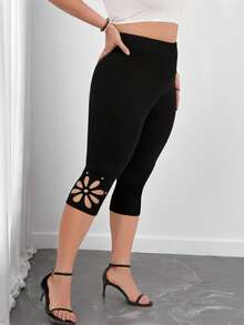 Elenzga Quần legging lửng cạp cao màu trơn họa tiết hoa khoét rỗng dành cho nữ cỡ lớn. - màu đen - Xem 4