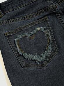 ROMWE PETITE Y2K复古心形金属扣毛边腰带低腰修身喇叭牛仔裤女款 - 藍色 - 查看 3
