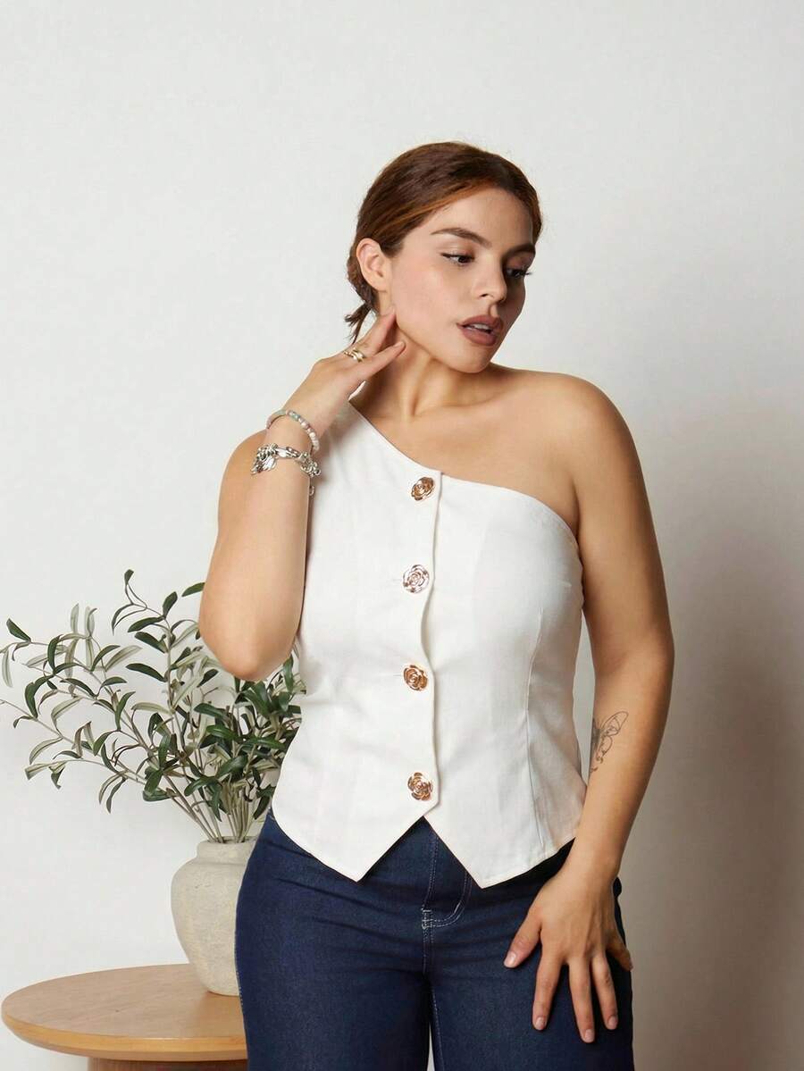 Lupita Cardoza 时尚优雅的 S 形性感不对称领口金属扣装饰黑色女式衬衫,春夏季 - 白色 - 查看 1