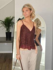 Sydney Algeri Autumn/Winter Solid Color Sexy Deep V-Neck Deep Brown Sequin Strap Women's Top, Sequin Women's Camisole, Autumn/Winter Undershirt, Party Cocktail Occasion - Brown - View 1