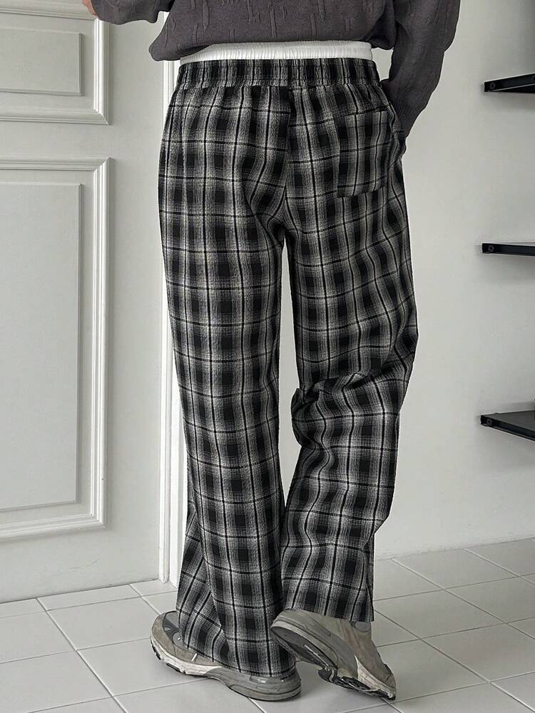 Men's Loose Fit Long Pants With Contrast Waistband And Plaid Pattern, Suitable For Spring And Autumn Summer