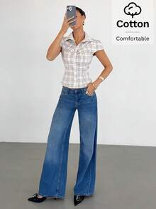 Siren Gaze 女士夏季优雅休闲格子衬衫，短袖纽扣褶皱腰身衬衫，适合办公室工作穿着，白色棕色格子优雅上衣，女士夏季上衣，女士休闲衬衫，夏季服装，夏季套装，商务休闲上衣，女士夏季格子短袖衬衫，女士办公室休闲衬衫，女士休闲现代西式商务休闲上衣 - 卡其色 - 查看 6