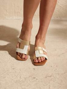 Swim Chiccia 2025 New Fashion Women Square Toe Flat Sandals, Simple Casual Holiday Colorblock Gold Slides - Gold - View 3