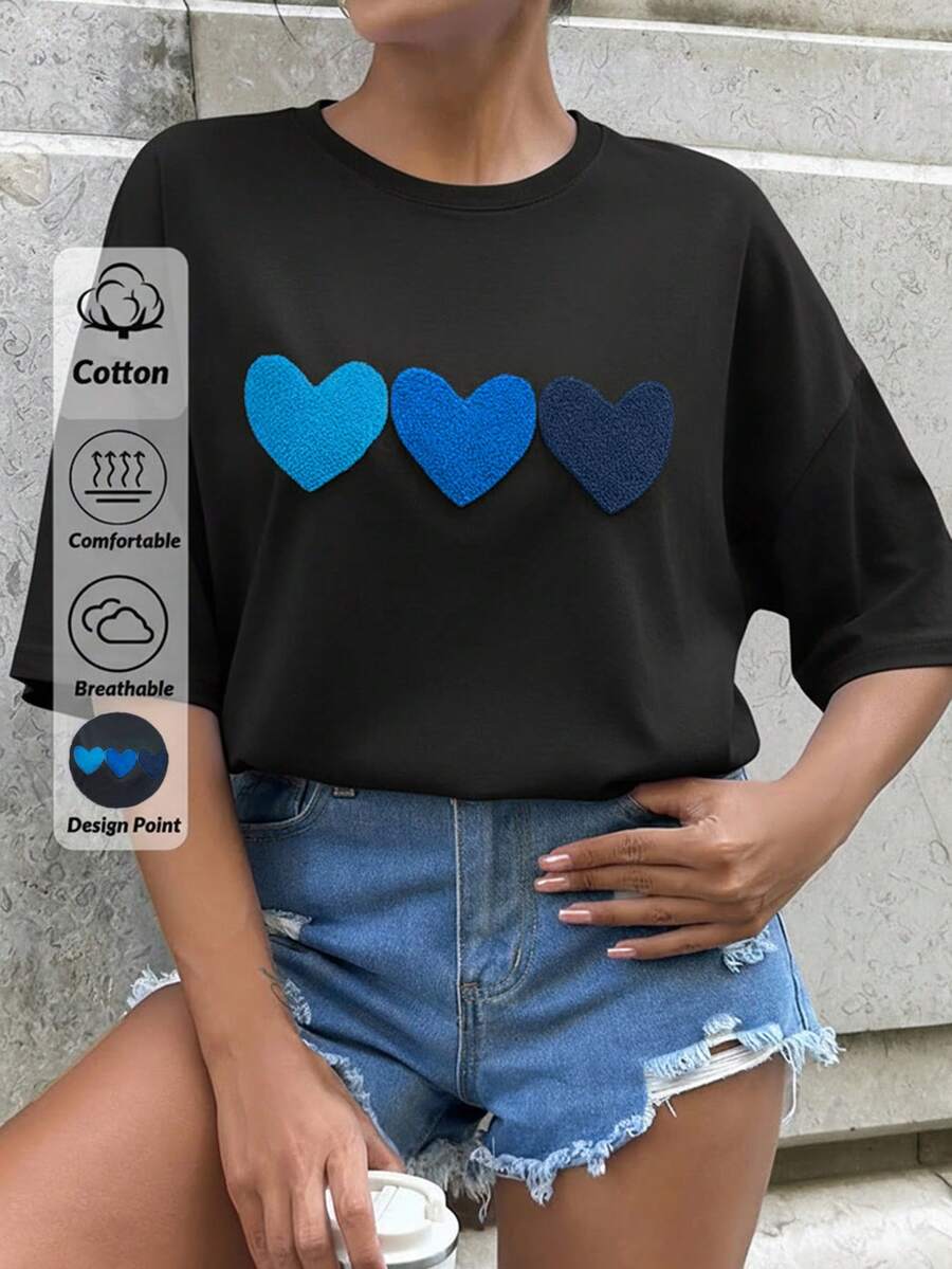 SHEIN Cottnline 100%Cotton WHITE OVERSIZE T-SHIRT WITH EMBROIDERY HEART DETAİL - Black - View 1