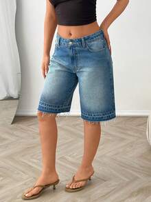 SHEIN Low Waist Raw Hem Denim Bermuda - Medium Wash - View 6