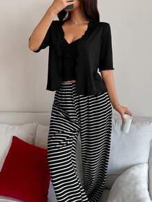 SHEIN Napfluff 女士睡衣三件套：扭结前襟吊带背心、短袖开衫 - 黑與白 - 查看 5