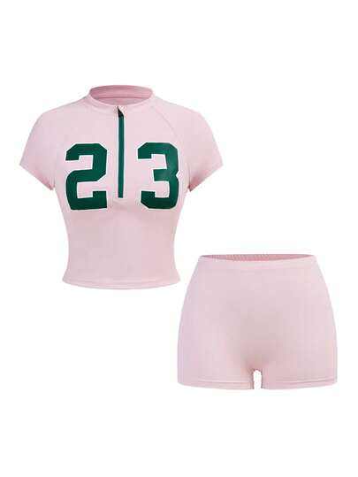 Cheerettes 女士立领数字印花短袖上衣和纯色短裤休闲运动套装