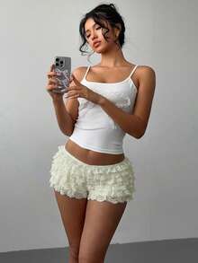 Aloruh Women's Colorblock Lace Trim Mesh Multi-Layer Ruffle Hem Micro Shorts, Suitable For Music Festivals In Spring/Summer - Apricot - View 4